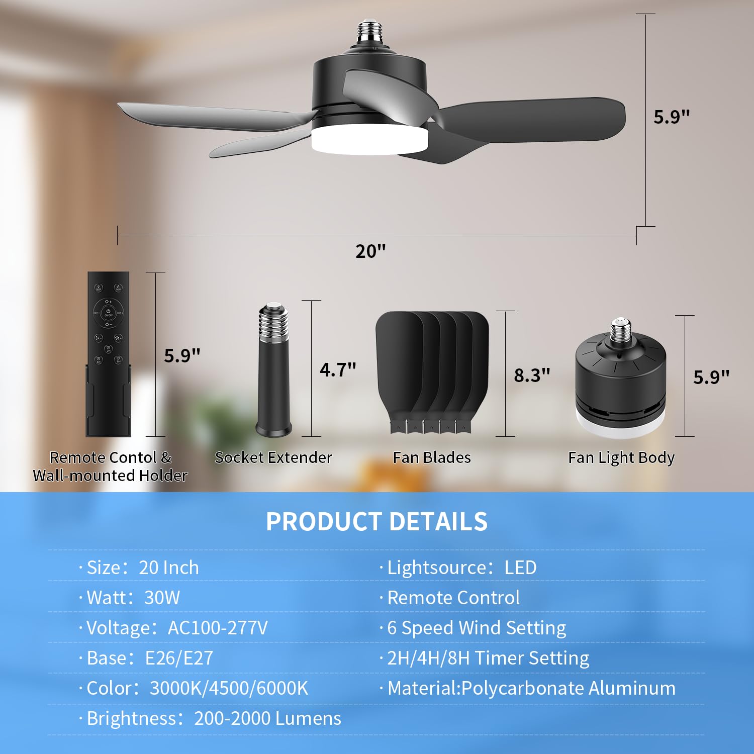 Wentylator świetlny E26 z pilotem zdalnego sterowania, 30 W, 2000 lm, 3 kolory, 3000 K-6000 K, wentylator sufitowy, 6 prędkości, do sypialni, salonu, kuchni, pralni