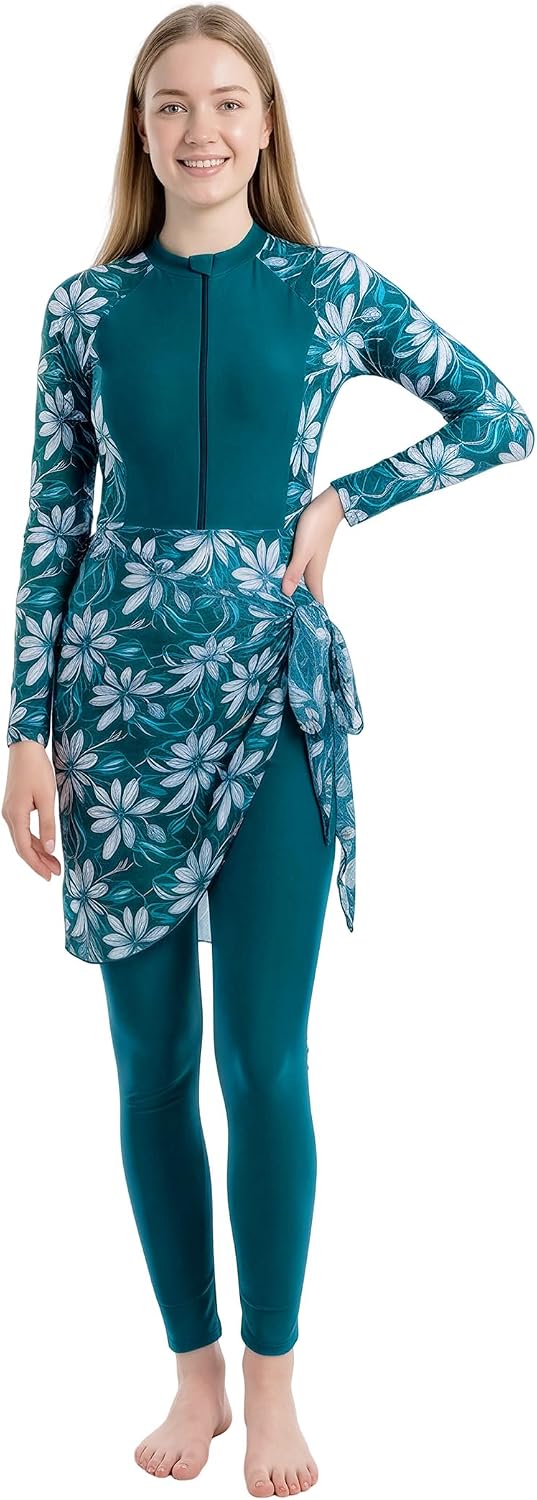 OBEEII Women Rash Guard Swimsuit Floral Print Muslim Burkini Beachwear Surfing Long Sleeve Bathing Suit with Cover Up