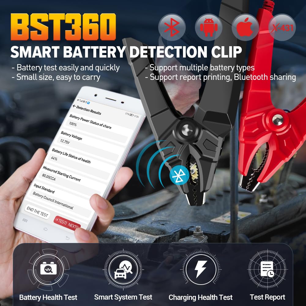 LAUNCH BST360 - Tester per batteria auto, 6 V, 12 V, tester per batteria Bluetooth, analizzatore per sistema di carica per Android/iP-hone/Launch X431, 100-2000 CCA alternatore, voltmetro
