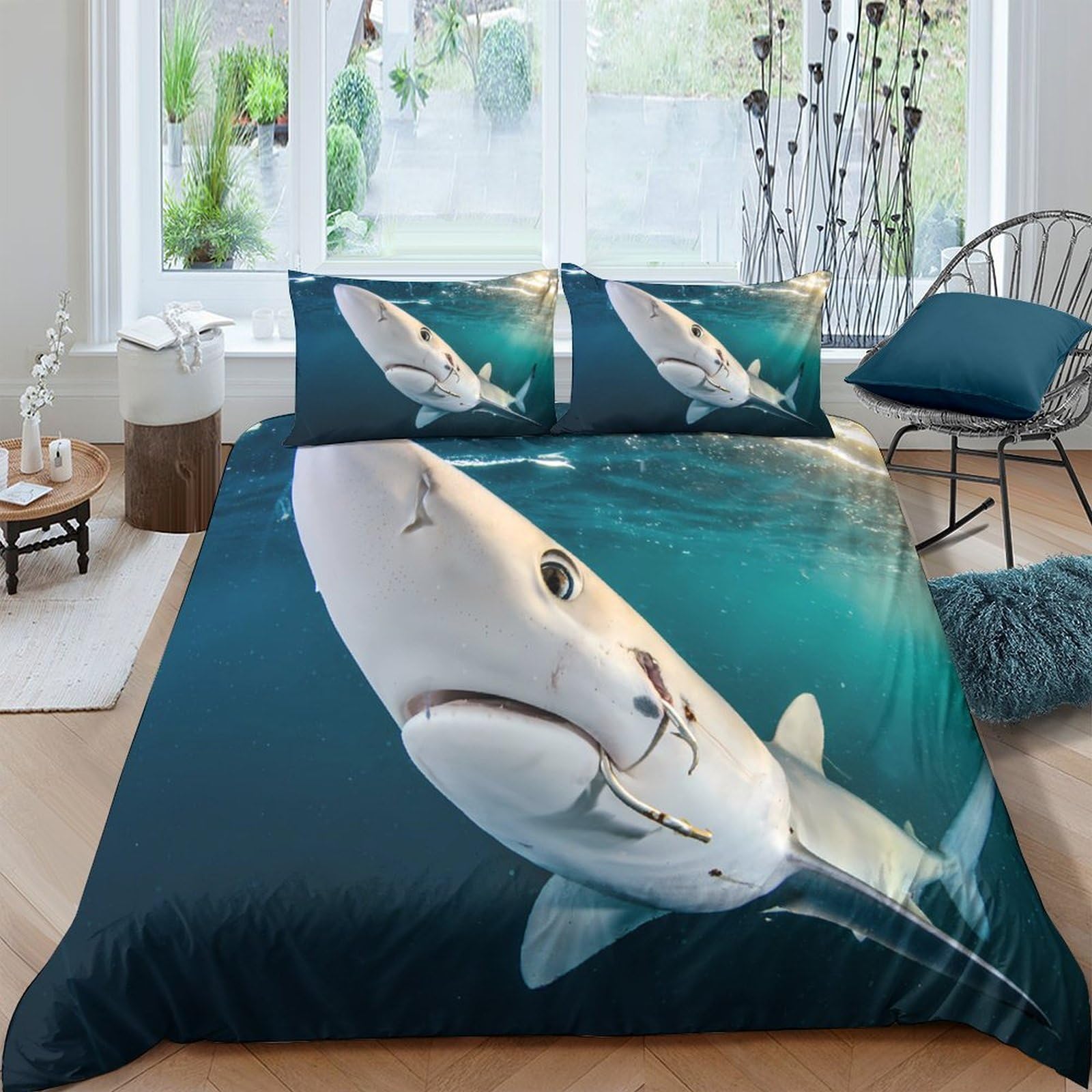 Ctjqhvkz Style-7 3D Printed Shark Ocean Fitted Sheet Microfiber Soft Blue Underwater Mattress Cover For Bedroom Dorm Decor Single（135X200cm）