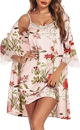 Ekouaer Sleepwear Women's Satin Nightgown with Robes Set 2 Piece Sexy Lace Cami Nightwear