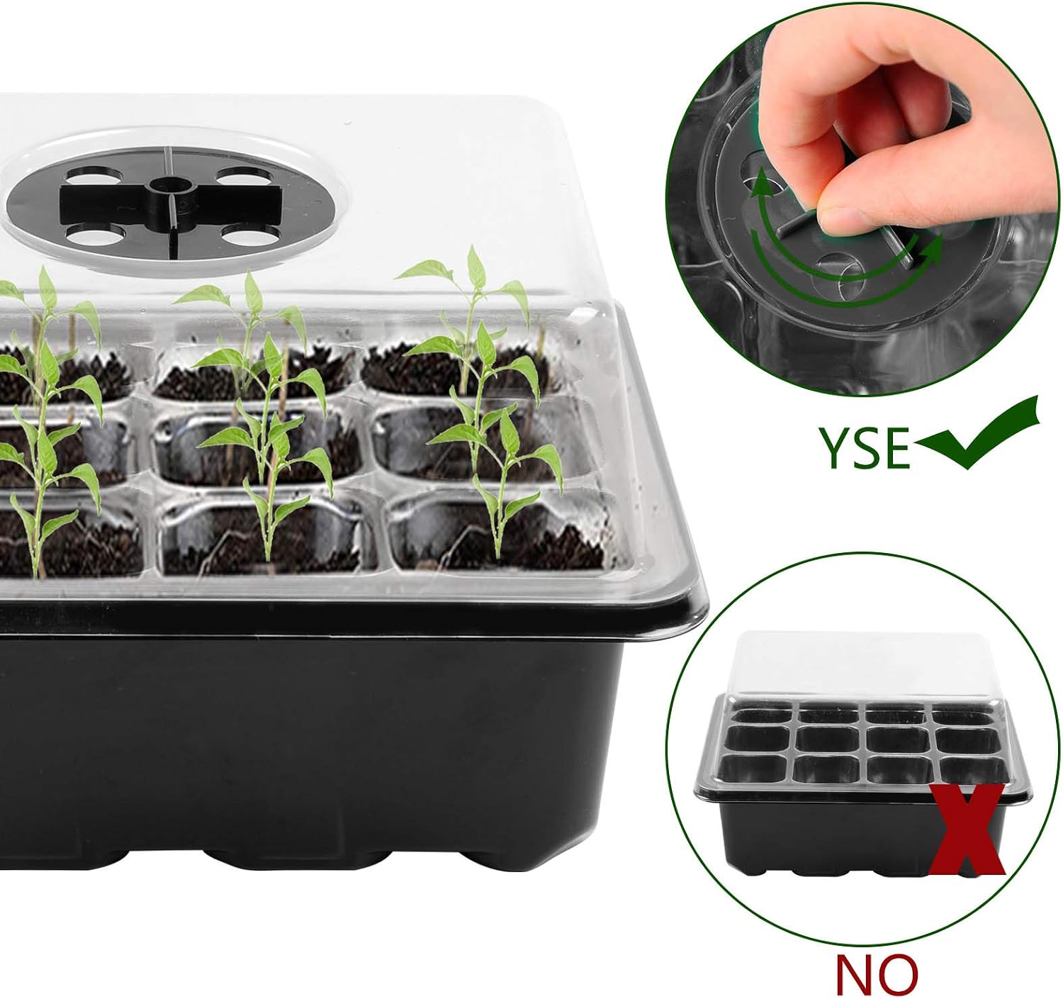 Seed Starter Tray Kit Humidity Adjustable Plant Seedling Trays with Dome and Base (Black, 12)