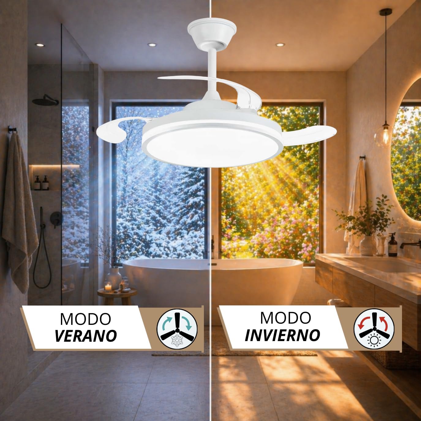 Illustration of NARVI Moraira Ceiling Fan's Winter and Summer modes.