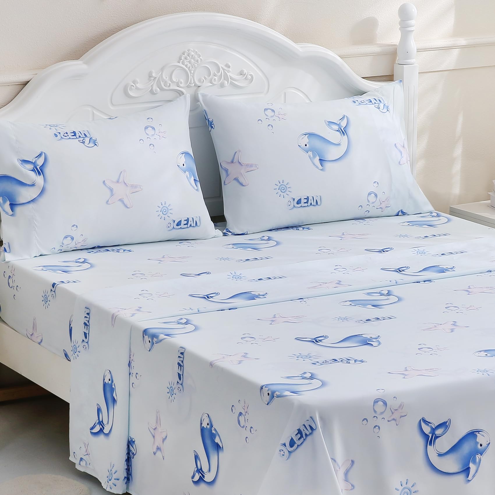 Full Size Bed Sheets Set - Cute Ocean Blue Bed Sheet for Kids Sea Animals, Dolphin Whale Starfish Patterned Soft Sheets Light Microfiber 3 Pieces for Girls Boys Bedding Marine Decoration