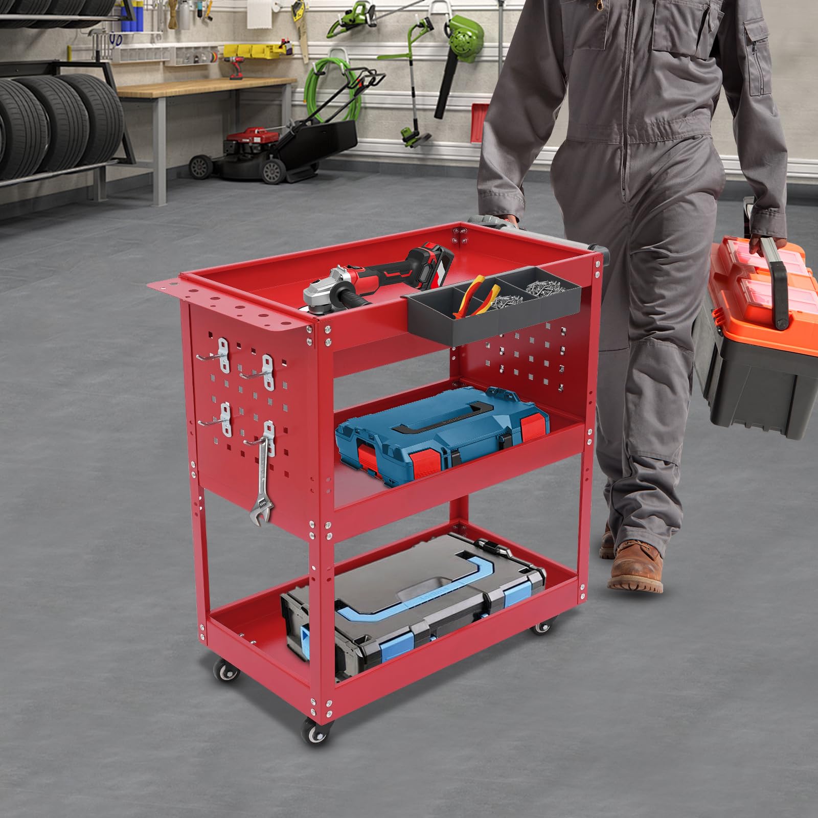 Carro de herramientas con capacidad de carga de 250 kg, con asa, carro de taller, carrito de transporte, carro de montaje con 3 niveles (rojo)