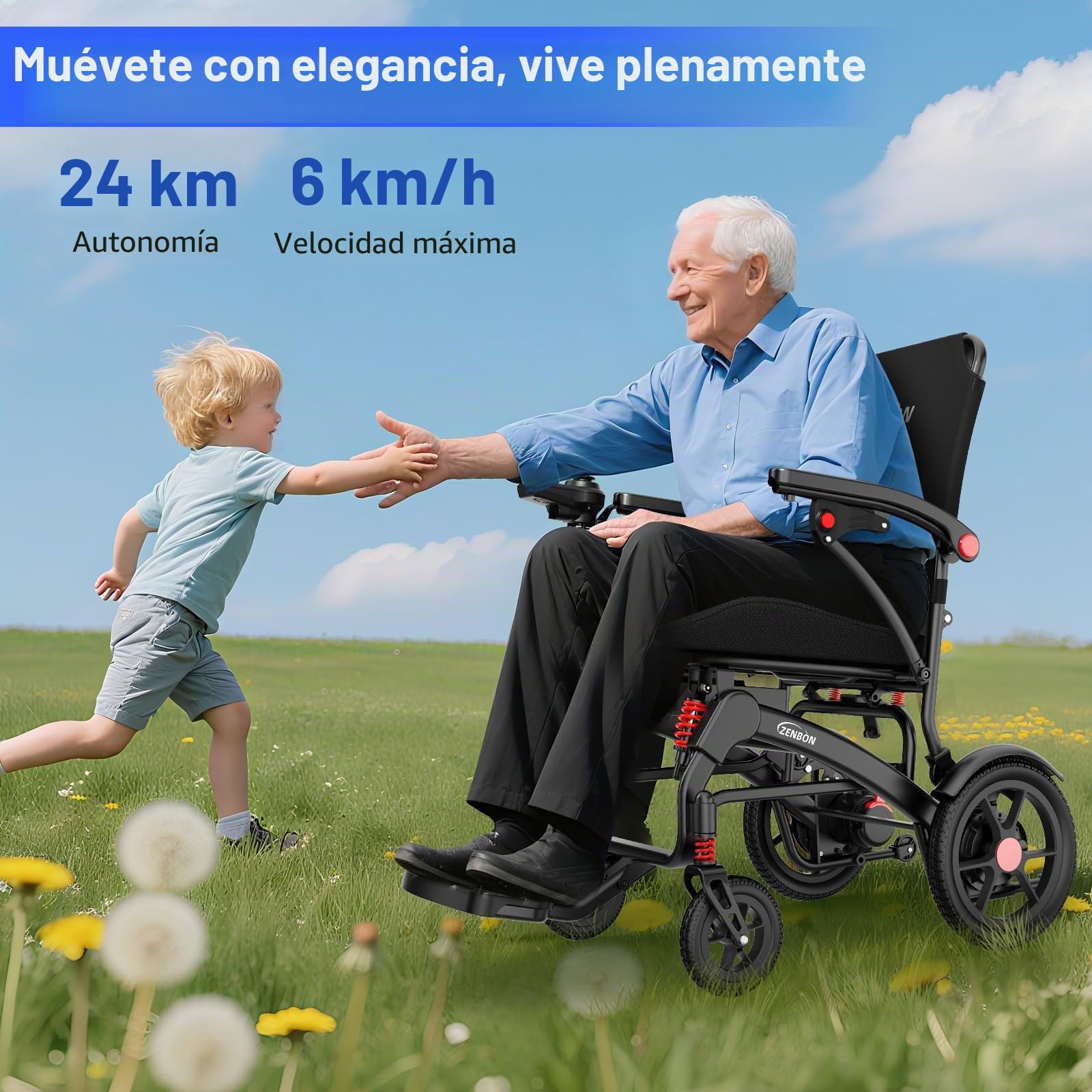 Silla de Ruedas Eléctrica Plegable Ligera 19 kg: 25 km Silla de Ruedas Eléctrica con Mando a Distancia y Botón de Ayuda para Empujar Trasero - Sillas de Ruedas Eléctricas de Hasta 150 kg