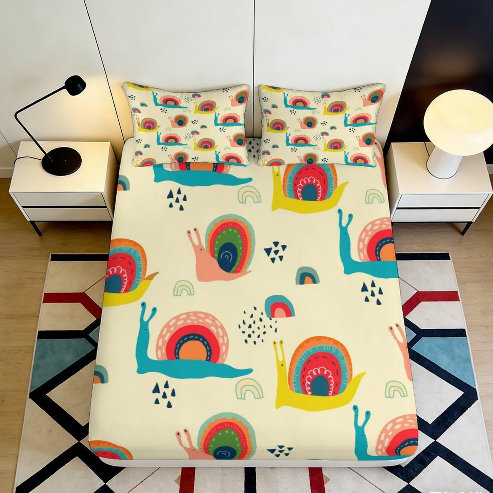 3D Printed Colorful Snail Rainbow Fitted Sheet Microfiber Anti-Slip Mattress Cover for Bedroom Dorm Easy Care Decor 160x200x25cm