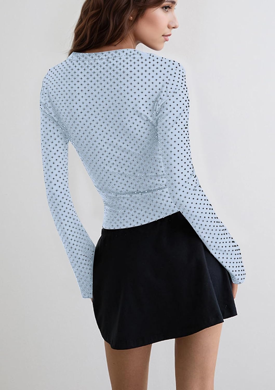 Deep V Neck Polka Dot T Shirt for Women Long Sleeve Slim Fit Crop Top Sexy Night Out Tee Top Party Clubwear - Image 2