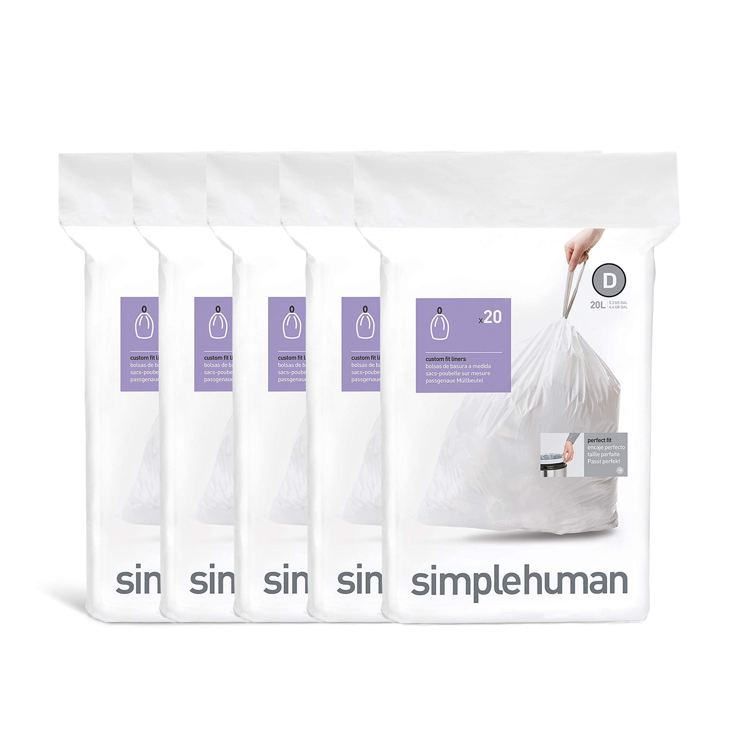 simplehuman Code D 100 Liners, 50% Recycled Custom Fit Bin Bags in Dispenser Packs, Durable Drawstring Tie Handle, 20L, White
