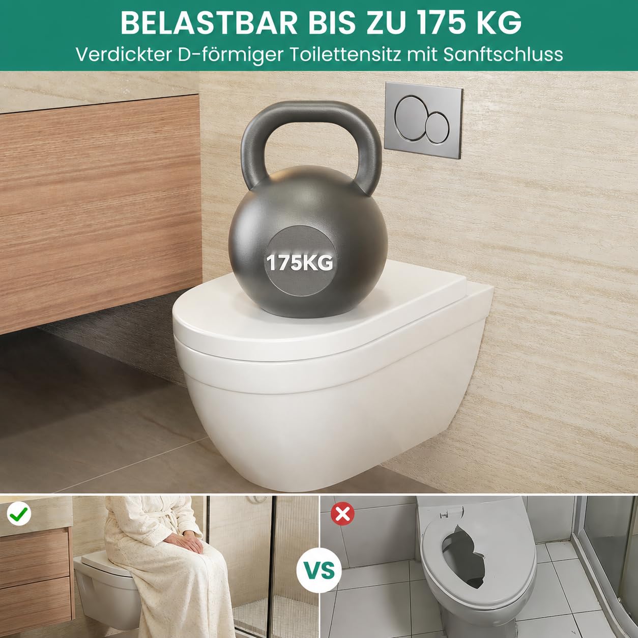 ANYCEE Tapa de inodoro con descenso automático, forma D [corta], fácil