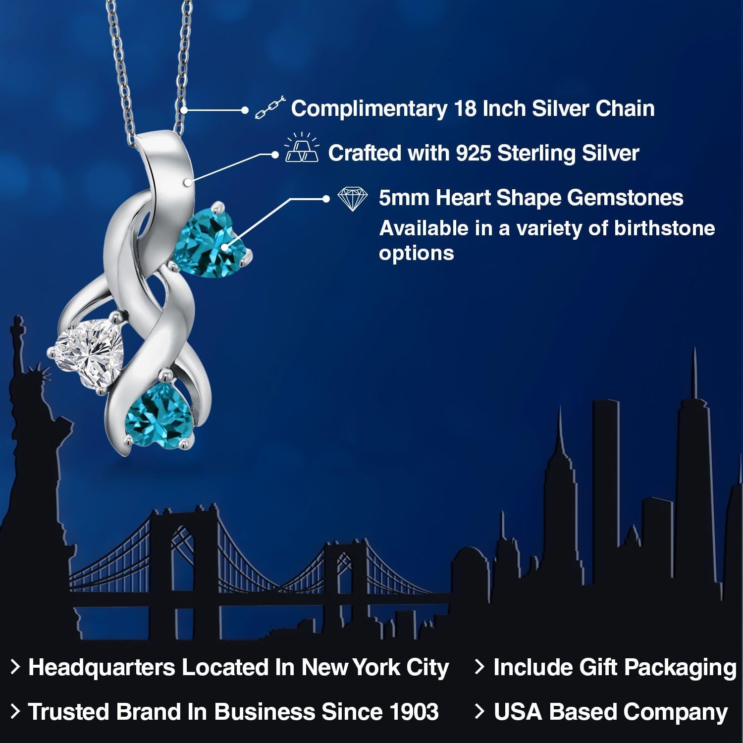 Gem Stone King 925 Sterling Silver Lab Grown Diamond and London Blue Topaz Pendant Necklace for Women | 1.54 Cttw | Gemstone April Birthstone | Heart Shape 5MM | With 18 Inch Chain - Image 2