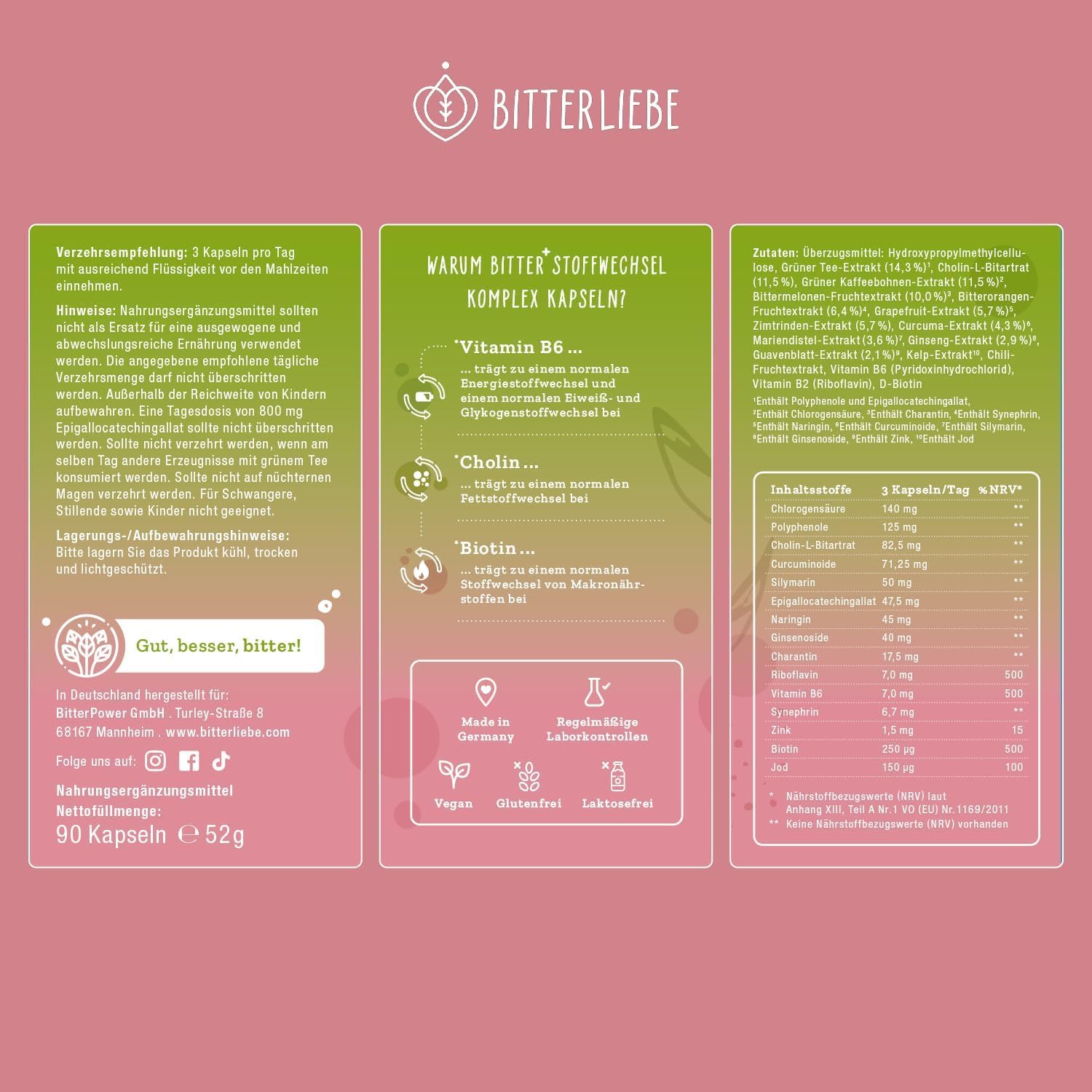 BitterLiebe® Bitter Stoffwechsel * Komplex - 90 hochdosierte Kapseln mit Cholin, Zink, Vitaminen & Bitterstoffen - Für einen normalen Fett- und Energiestoffwechsel * - Vegan & Made in Germany
