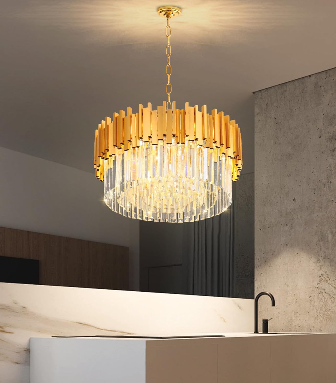 24" Large Crystal Chandelier Dining Room 1 Tiers Light Fixtures Chandelier Round Chandeliers for Living Room Kitchen Island Foyer Entryway Gold