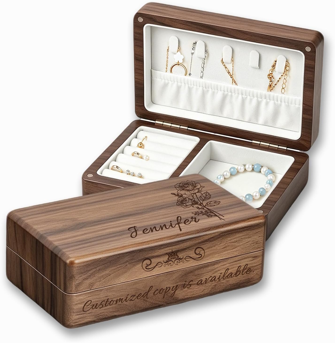 Custom Wooden Jewelry Box with Birth Flower Gift for Women Mom