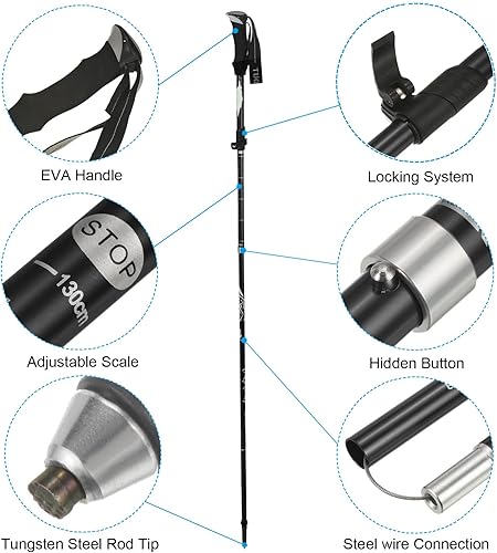 Miniatura 4 de PATIKIL Bastones de trekking, bastón plegable telescópico plegable con cesta de barro de aleación de aluminio para senderismo al aire libre caminar