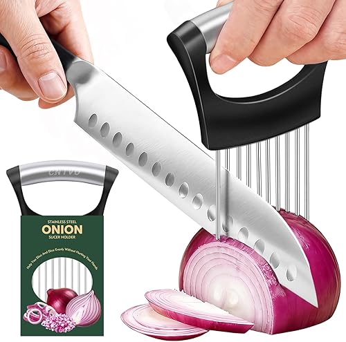 Soporte de cebolla para rebanar, cortador de cebolla de acero inoxidable, soporte para rebanar cebollas con cubierta protectora, picador de verduras