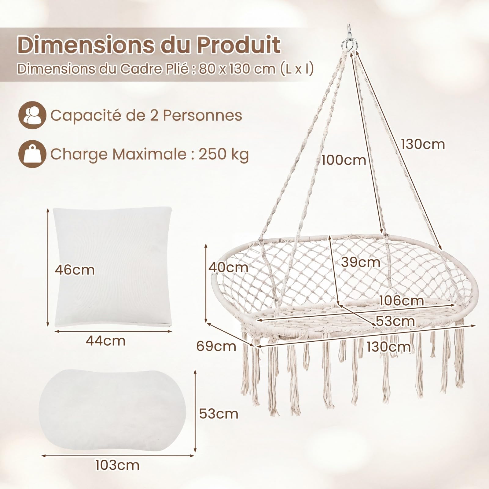 COSTWAY Fauteuil Suspendu 2 Personnes avec 3 Coussins, Charge 250 kg