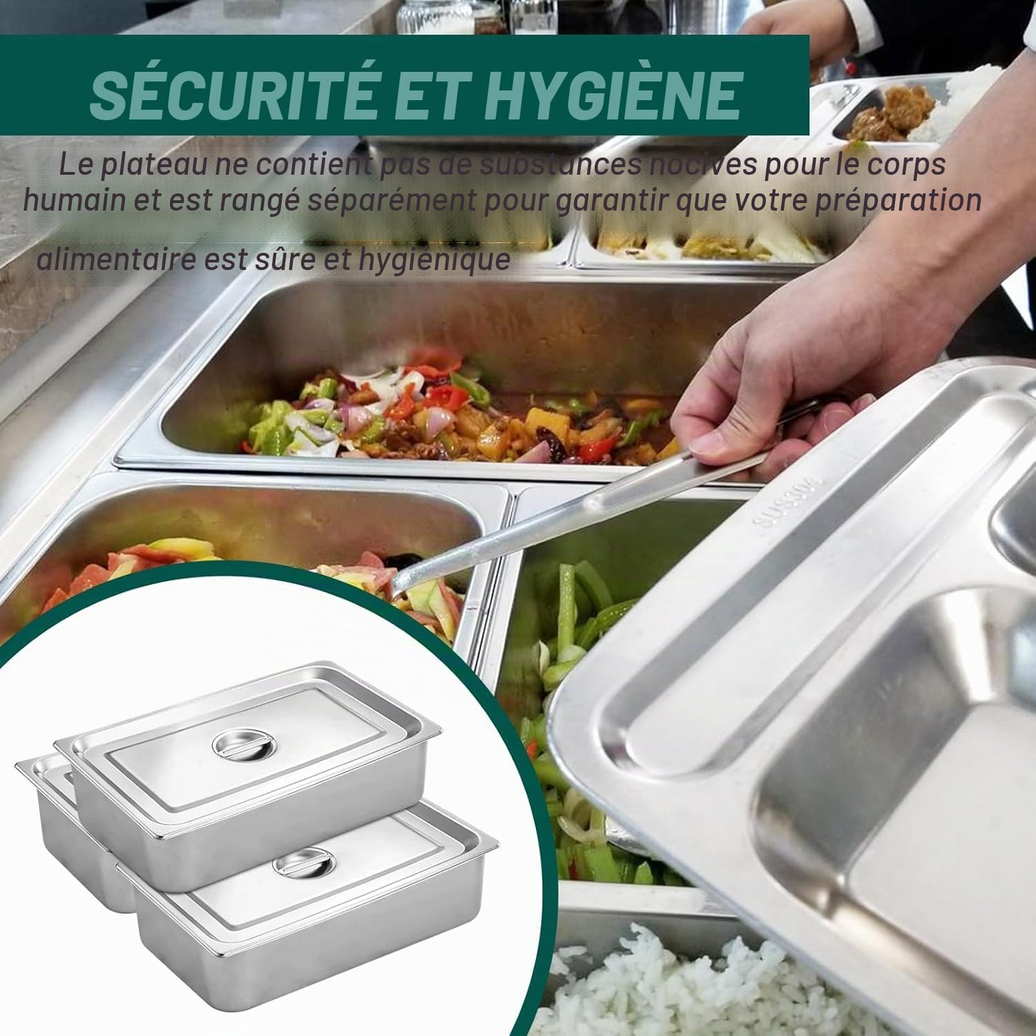 Lot de 3 Plat Inox avec Couvercle, GN 1/2 Bac avec Couvercle, 32,5 x 26,5 x 6,5 cm Bac Alimentaire Inox pour des Fours à Convection, des Chafing Dishes, des Réfrigérateurs