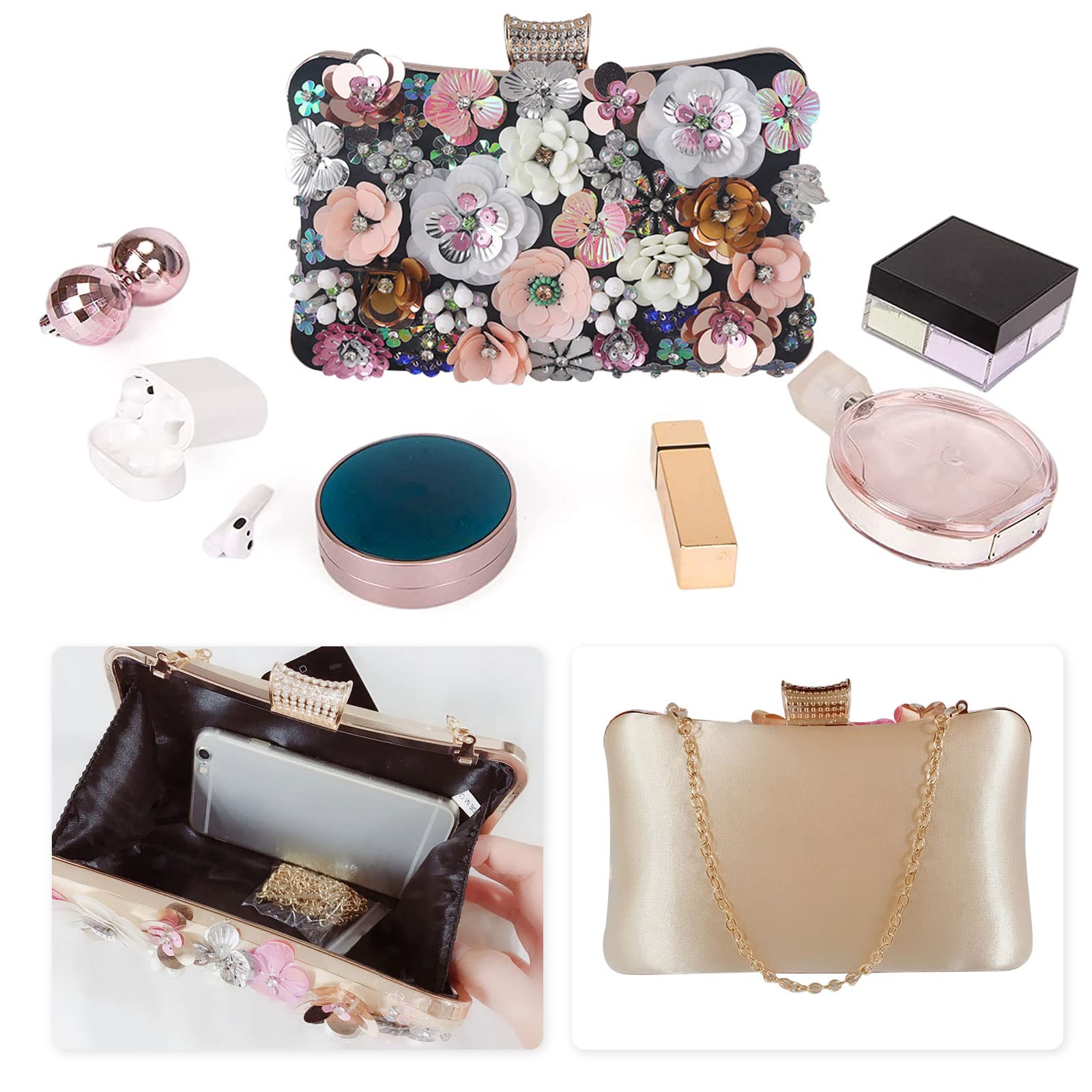 CORIOS Damen Blumen Abendtasche Shiny Strass Clutch Tasche Hochzeit Bag Kette Handtasche Elegante Schultertasche Perle Umhängetasche für Hochzeit Abschlussball Bankett-Party Schwarz