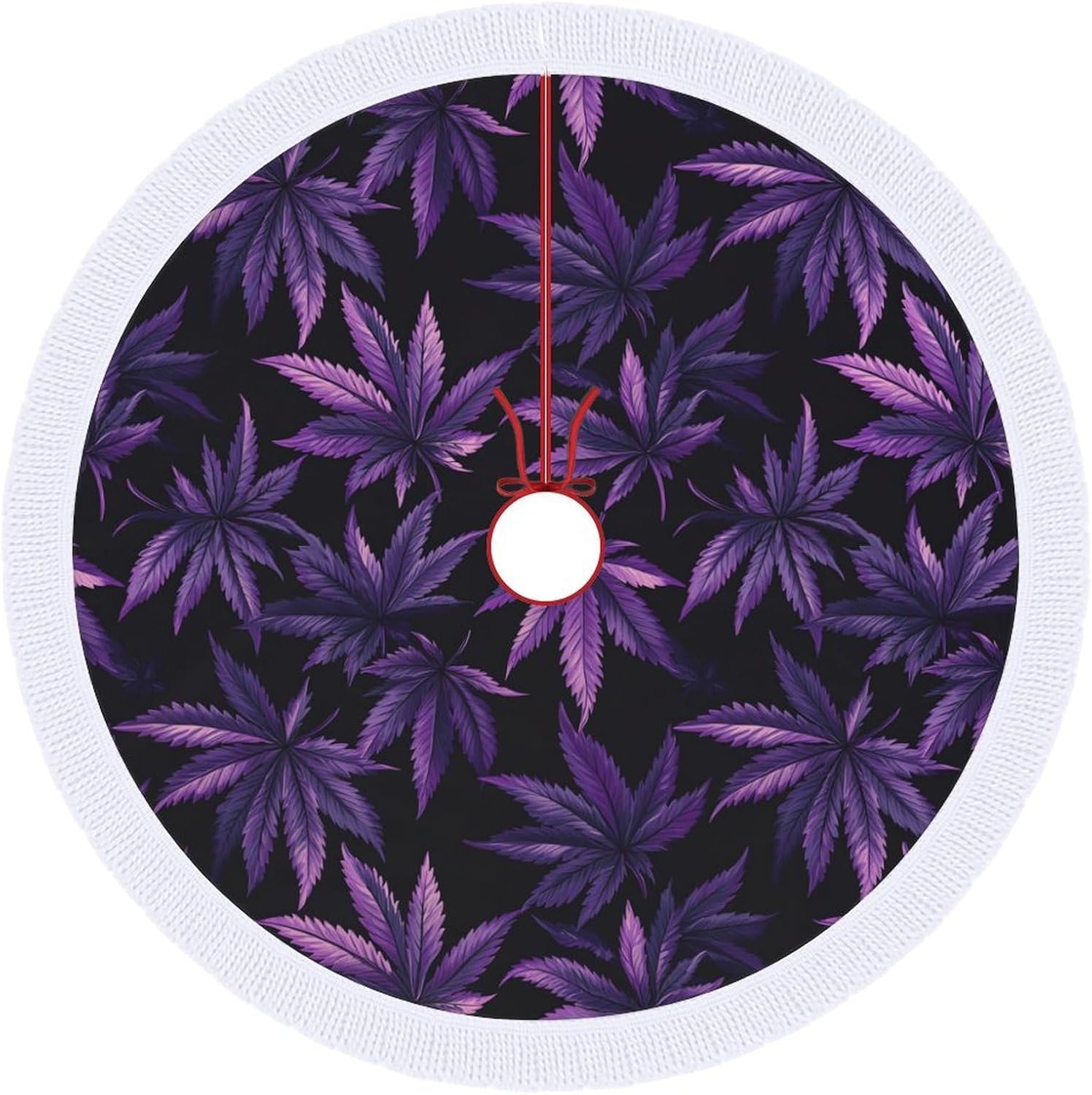 Purple Maple Leaf Weed Christmas Tree Skirt Round Xmas Tree Mat Ornaments Tree Skirts with Tassels for Holiday Party