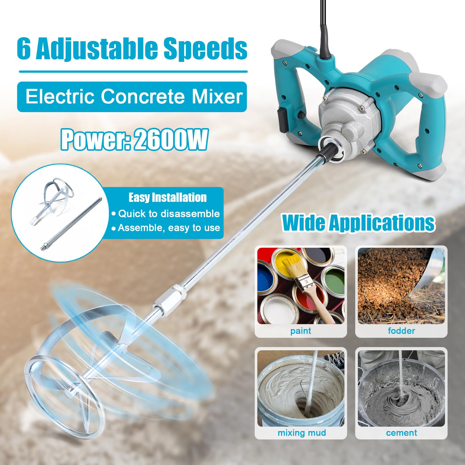 Ejoyous Mezclador de cemento de 2600 W, mezclador de cemento portátil de mano con 6 velocidades ajustables, potente motor, para mezclar mortero, lechada, yeso, pintura, herramienta de agitación