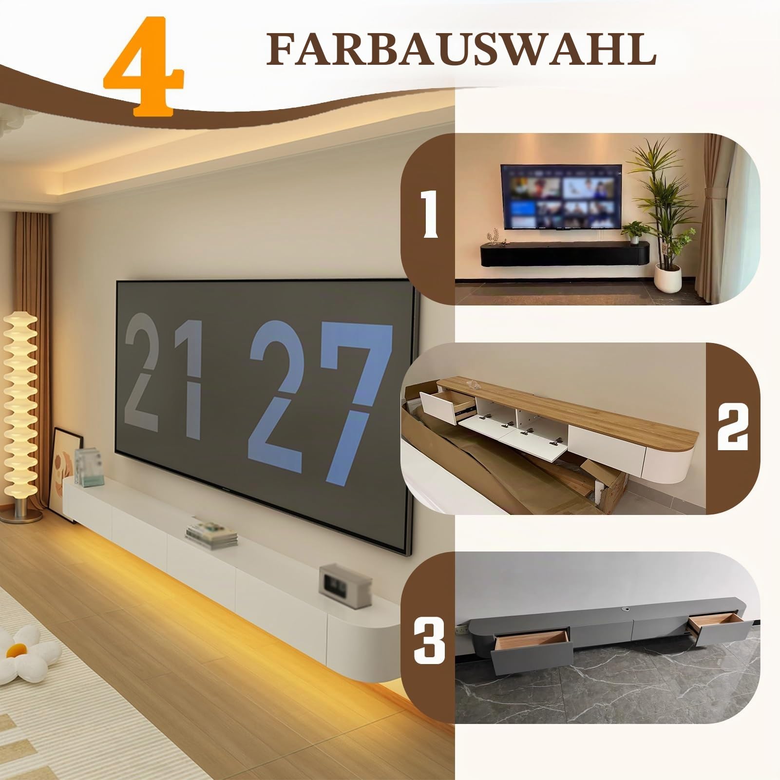 Lar Meuble TV mural flottant avec porte pour salon et bureau 160 cm