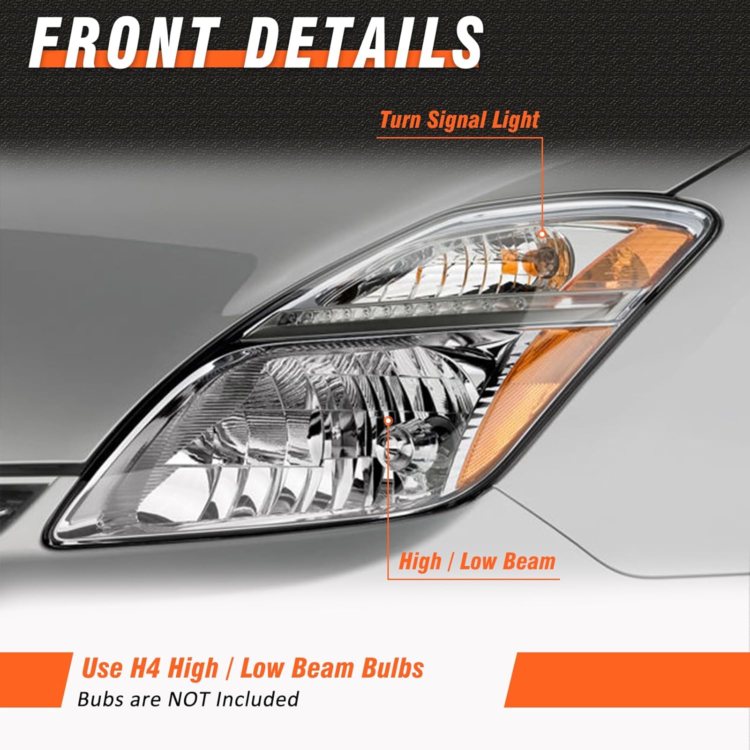 Headlight Compatible with 2006 2007 2008 2009 Toyota Prius Headlight Assembly Chrome Housing Amber Reflector Replacement Driver & Passenger Side