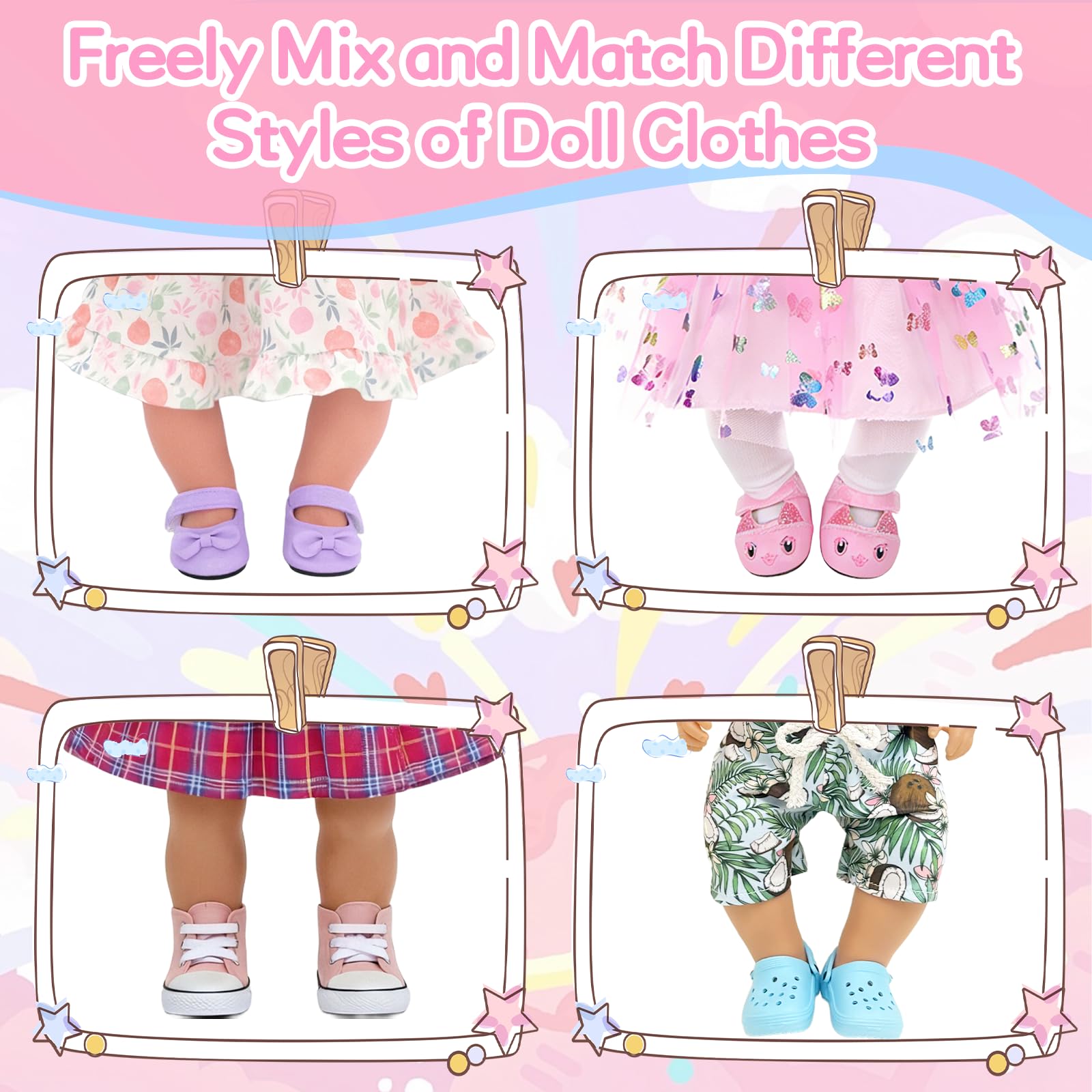 4 Paar Puppen Schuhe Zubehör Set, 14-18 Zoll Bunte Puppenzubehör mit 1 Hasenschuhe 1 Lederschuhe 1 Sandalen 1 Leinenschuhe, 35-45cm Puppe Zubehör für Baby Puppen, Puppenschuhe Geschenk für Mädchen - 4