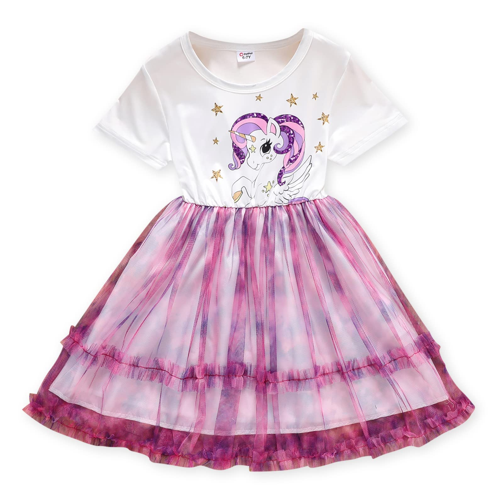 Toddler Girl Summer Short Sleeve Dress Unicorn Star Print Mesh Splice Tutu Party Wedding Birthday Dresses
