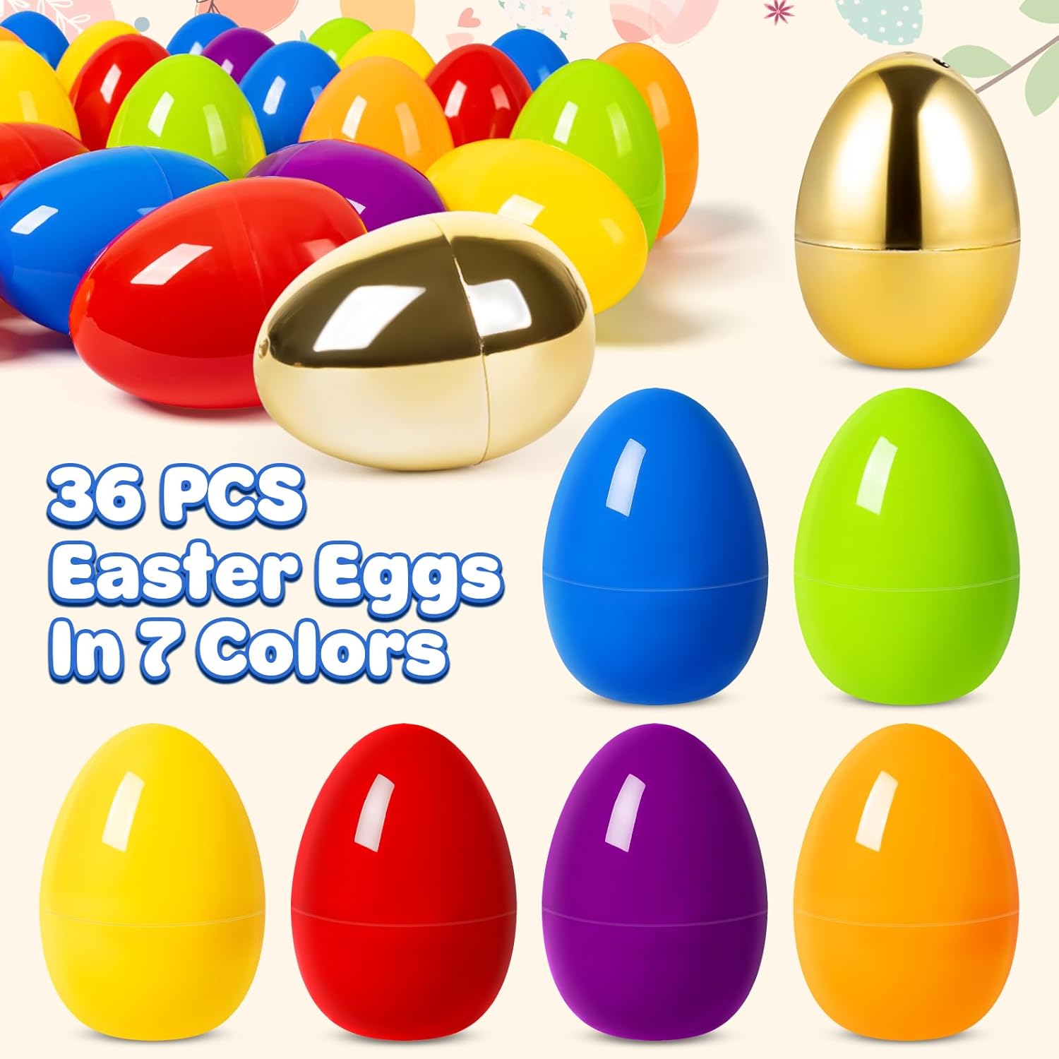 v-opitos plastic easter eggs, 2.4'' bulk 42 pcs easter eggs with 8 golden eggs, hinged empty fillable eggs for easter egg hunt, basket stuffers fillers, easter party favor for kids 50