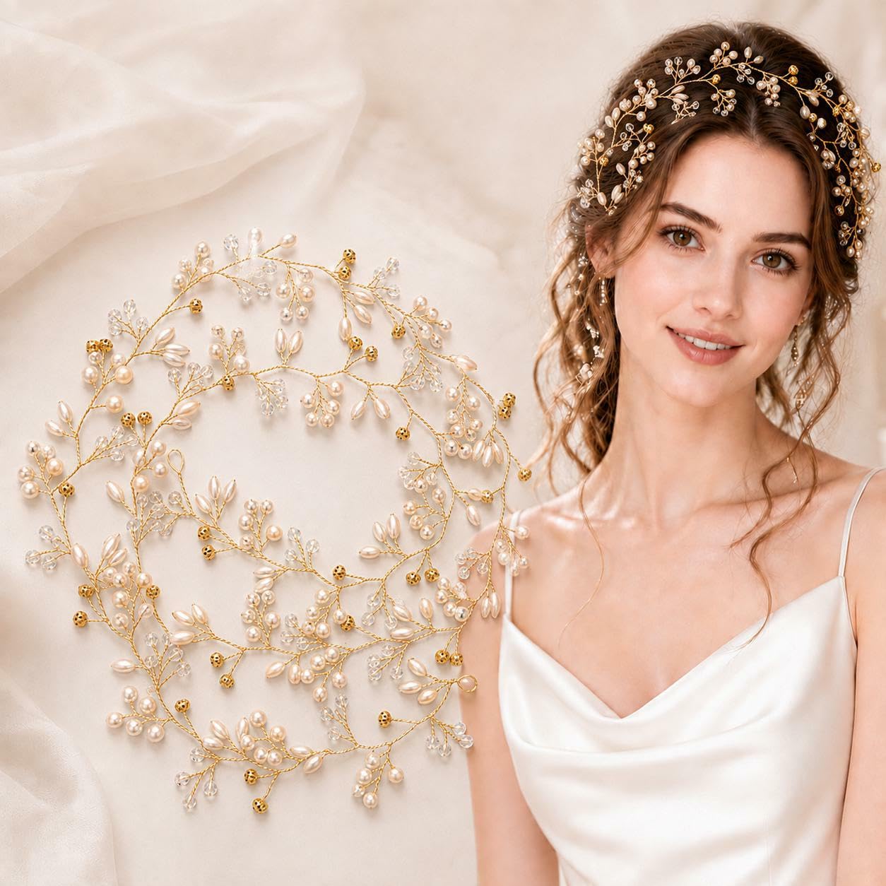 Faux Pearl Bridal Hair Vine, Rhinestone and Alloy Headband for Wedding Updos, Braids and Special Occasion Styling