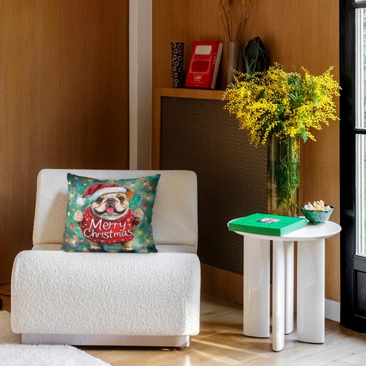 Christmas Bulldog Throw Pillow Cover Merry Christmas Set of 2 Snowflake 28x28 Inch Linen for Sofa Couch Decor Room Home Decor Car Cushion Cover