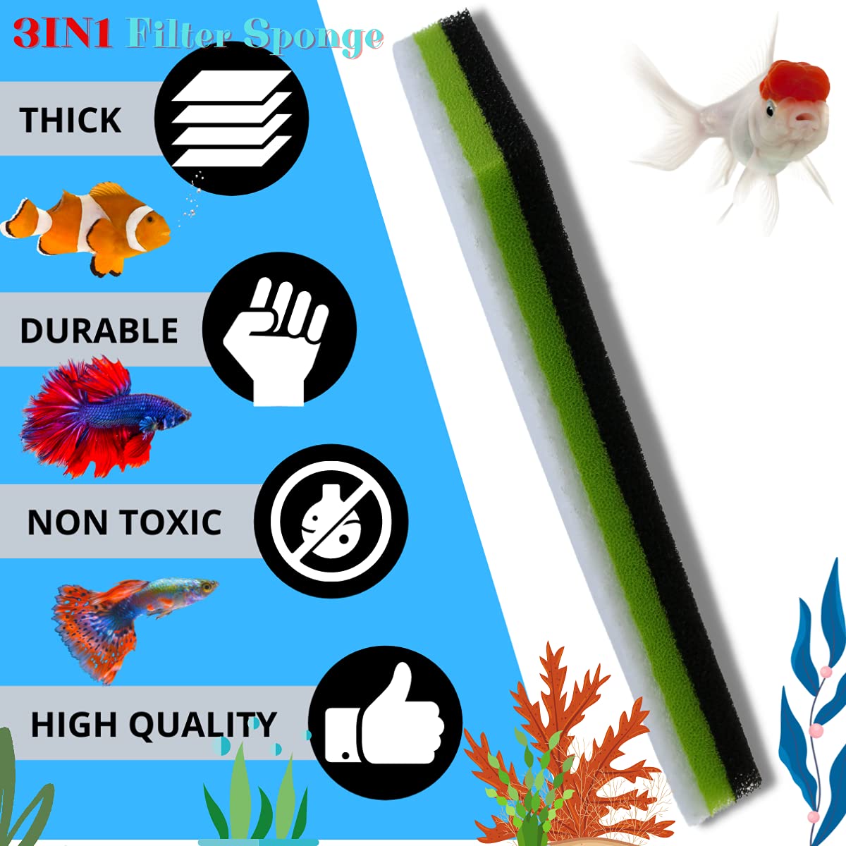 CORISRX 3IN1 Aquarium Filter Sponge Foam Pads - Filter Media for 20 Gallon Betta Fish Tank Supplies, Brine Shrimp Coarse Sponge Bio Filter Sheet - Filter Sponge Accessories (Plus Activated Carbon) - image 8