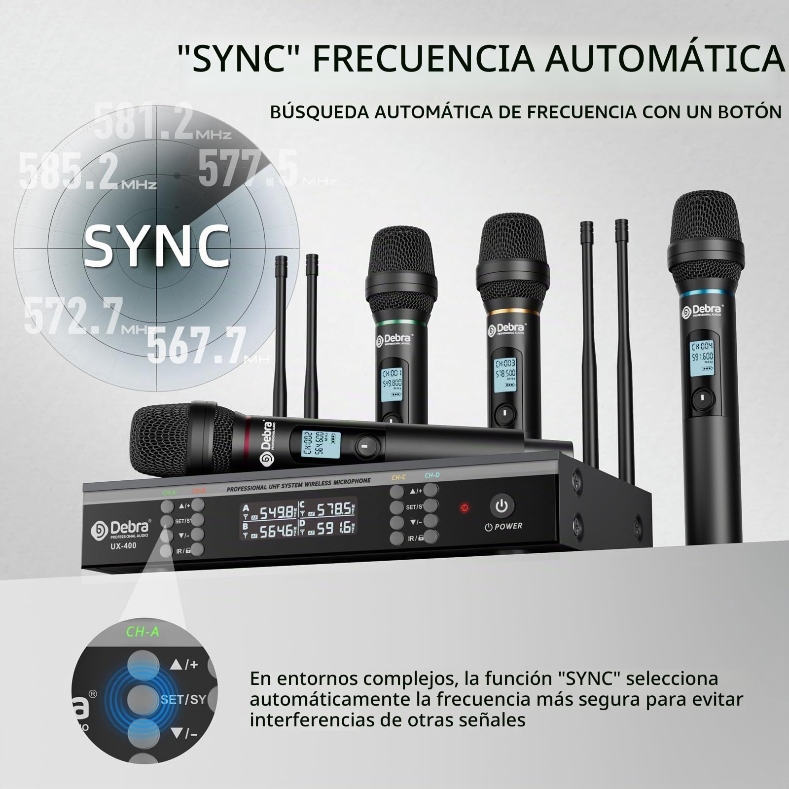 D Debra UX-400 Micrófonos Inalámbricos UHF, 4 Canales Recargables Escenario