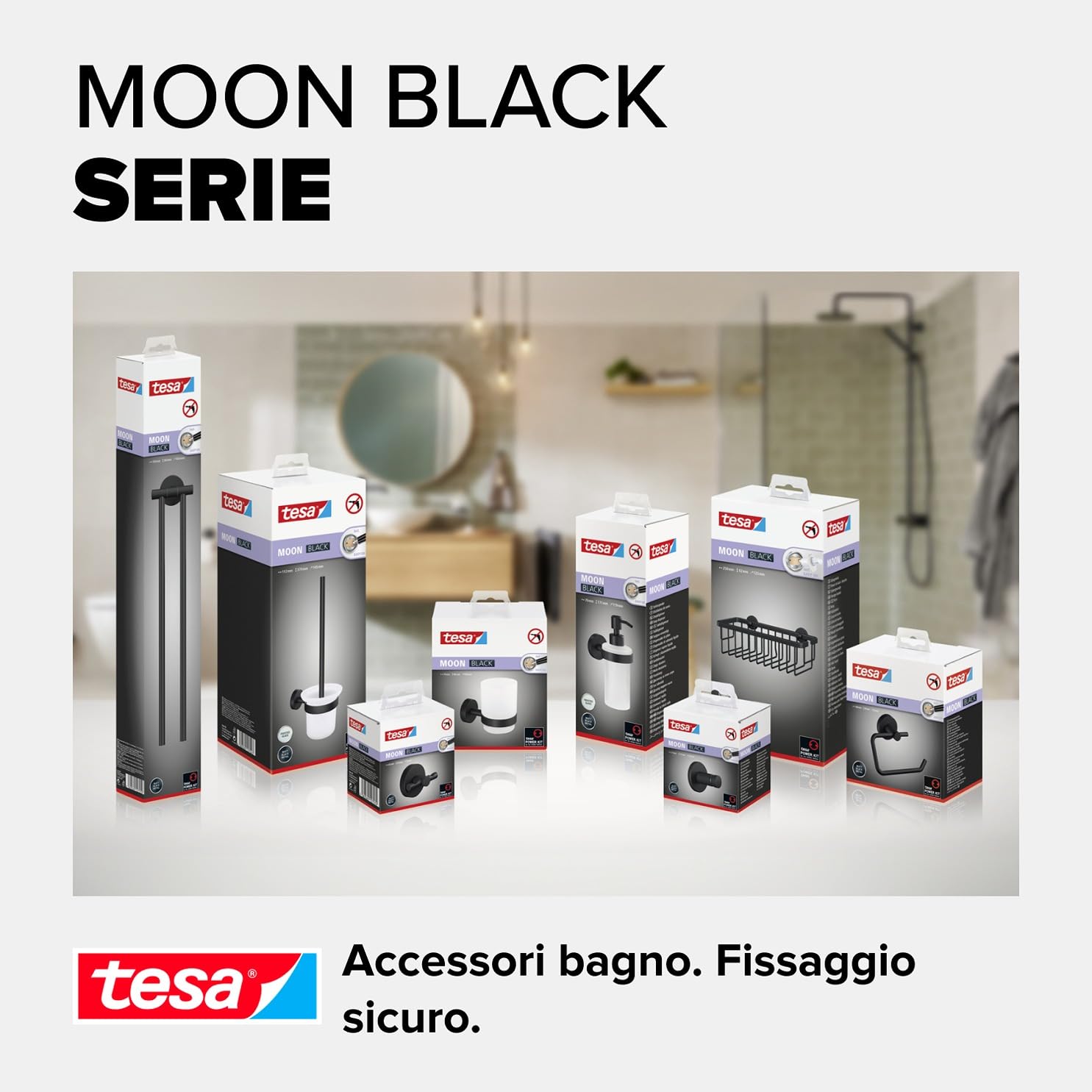 Tesa Porta asciugamani ad anello MOON BLACK, look Nero opaco, autoadesivo, tecnologia di montaggio adesiva, 53 mm x 184 mm x 130 mm