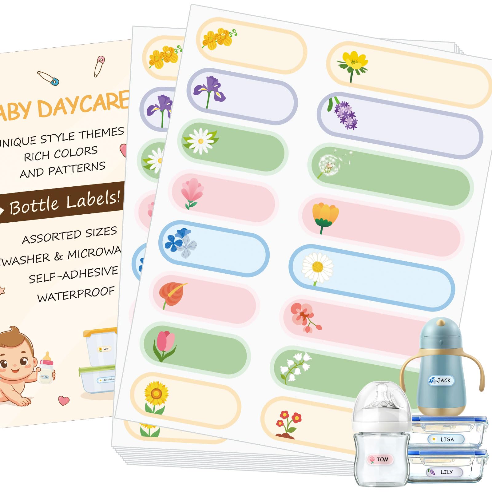 480Pcs Baby Bottle Labels for Daycare, Waterproof Name Labels for Kids Daycare Essentials Self-Laminating for Nursery and Preschool (Flowers)