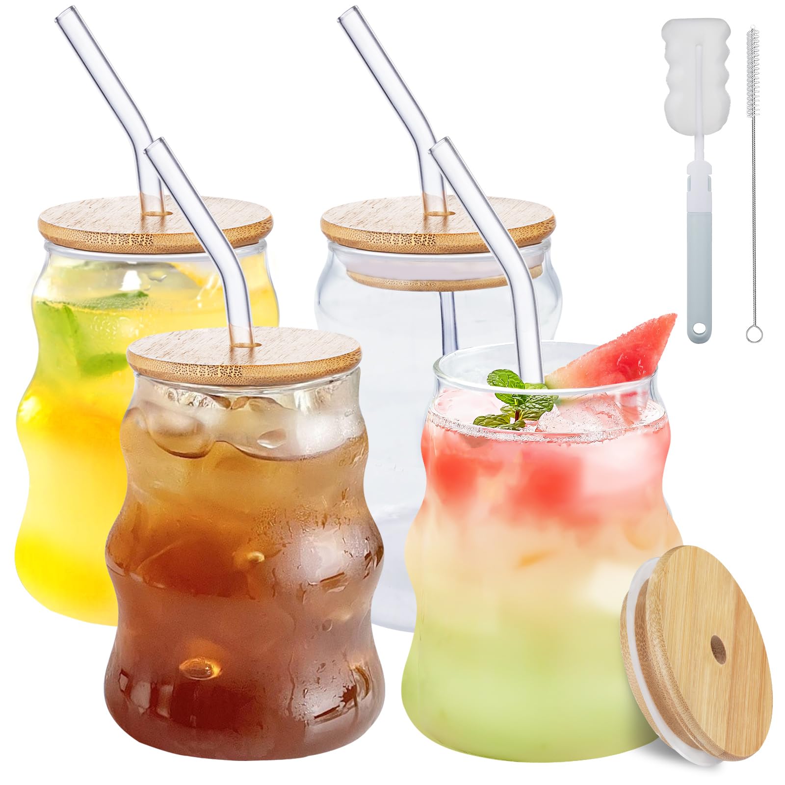 BUCOMTU Set di 6 Bicchieri con Cannuccia e Coperchio,Bicchieri da Caffe Vetro,500ml Bicchieri con Cannuccia Riutilizzabile,Adatto per Caffè Ghiacciato, Birra, Cocktail