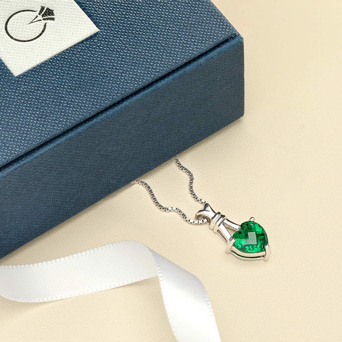 PEORA Simulated Emerald Heart Pendant Necklace in Sterling Silver, 3 Carats Classic Solitaire, with 18 inch Chain, Emerald Necklace, May Birthstone, For Jewelry Gift & Everyday Wear