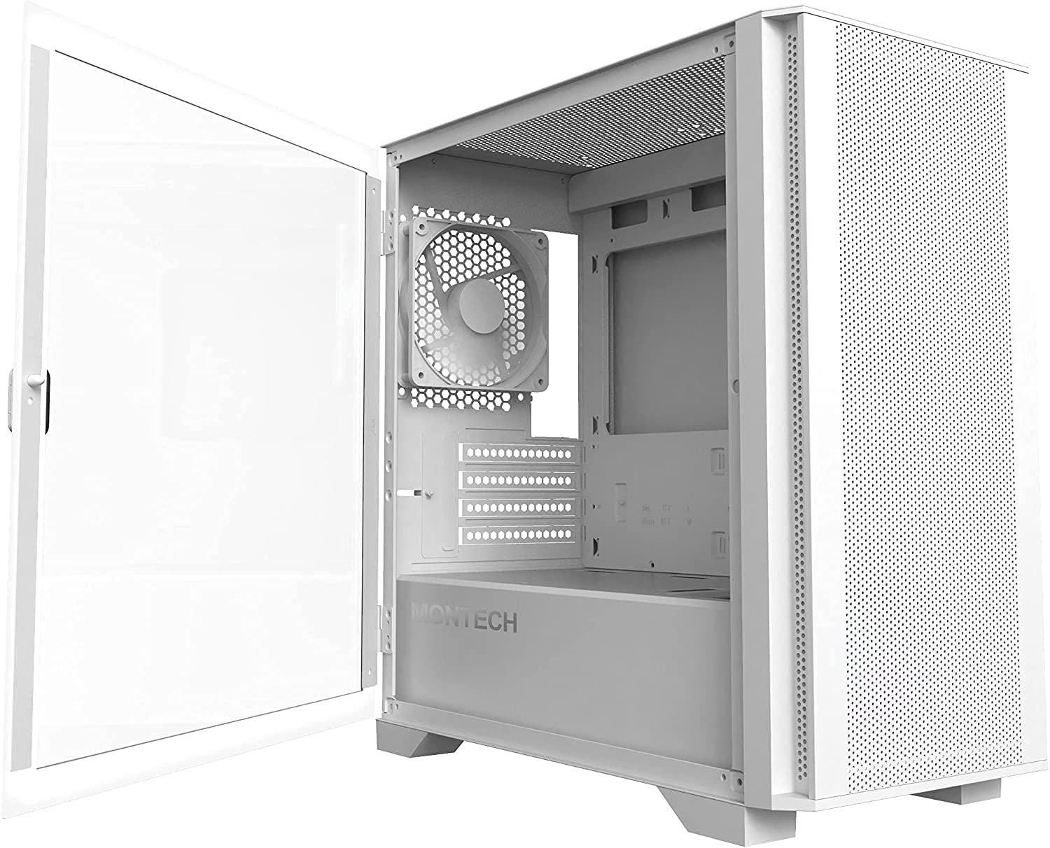 Montech AIR 100 LITE Micro-ATX Tower with Two Silent Fans Pre Installed, Ultra-Minimalist Design, Fine Mesh Front Panel, High Airflow, Unique Side Swivel Tempered Glass, Dust Protection, White