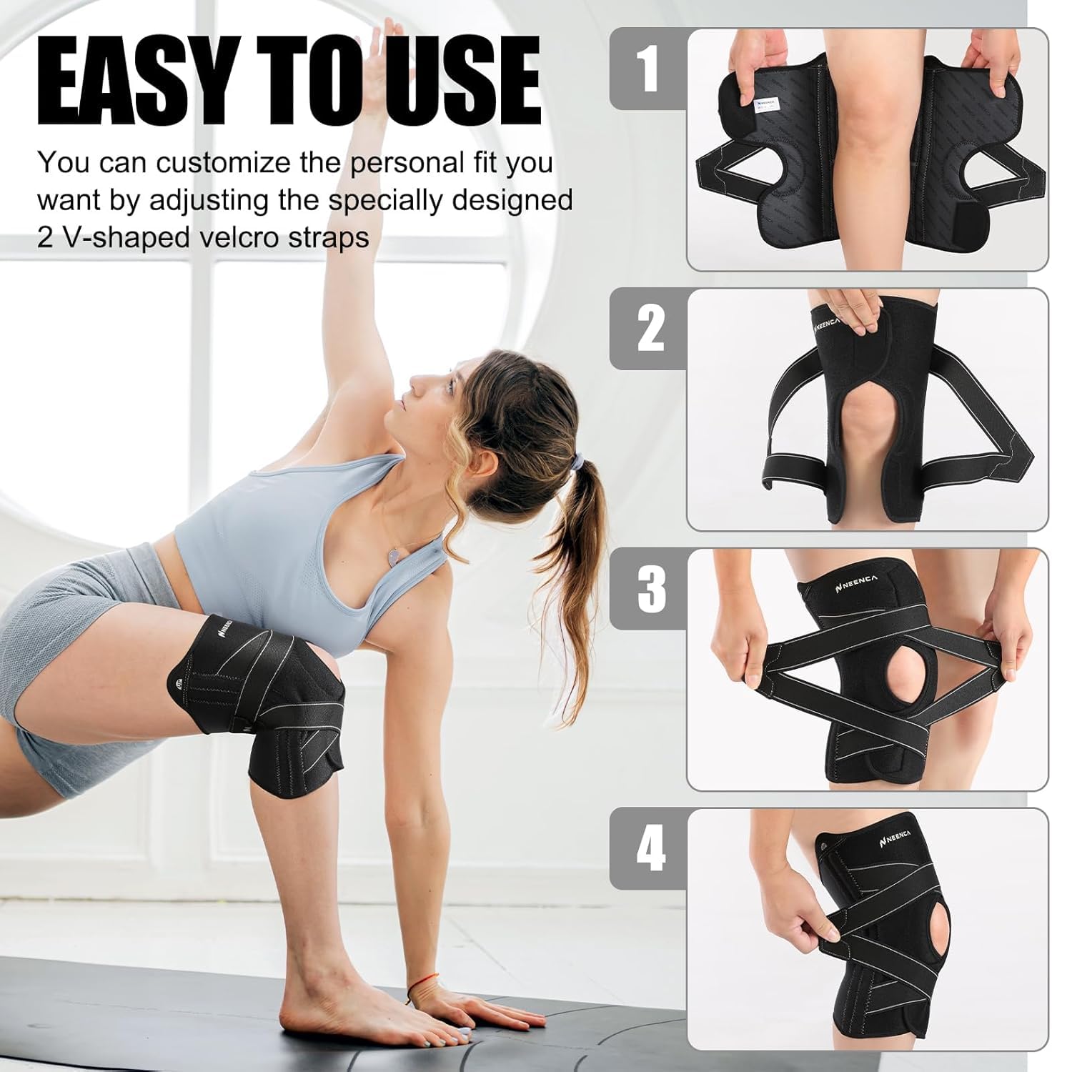 NEENCA Kniebandage für Damen Männ,Kompressions Kniestütze mit X-Straps Design-ACL, MCL, PCL,Meniskusriss & Arthritis,Stabilisierung des Gelenks mit seitlichen Stabilisatoren & Patella Gelpolstern