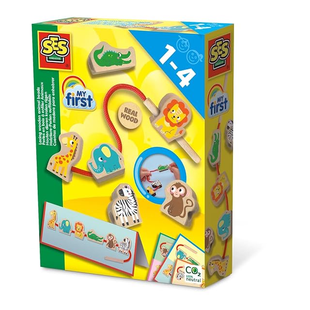 SES Creative- My First - Cordones de Cuentas de Animales de Madera, Multicolor (14487)
