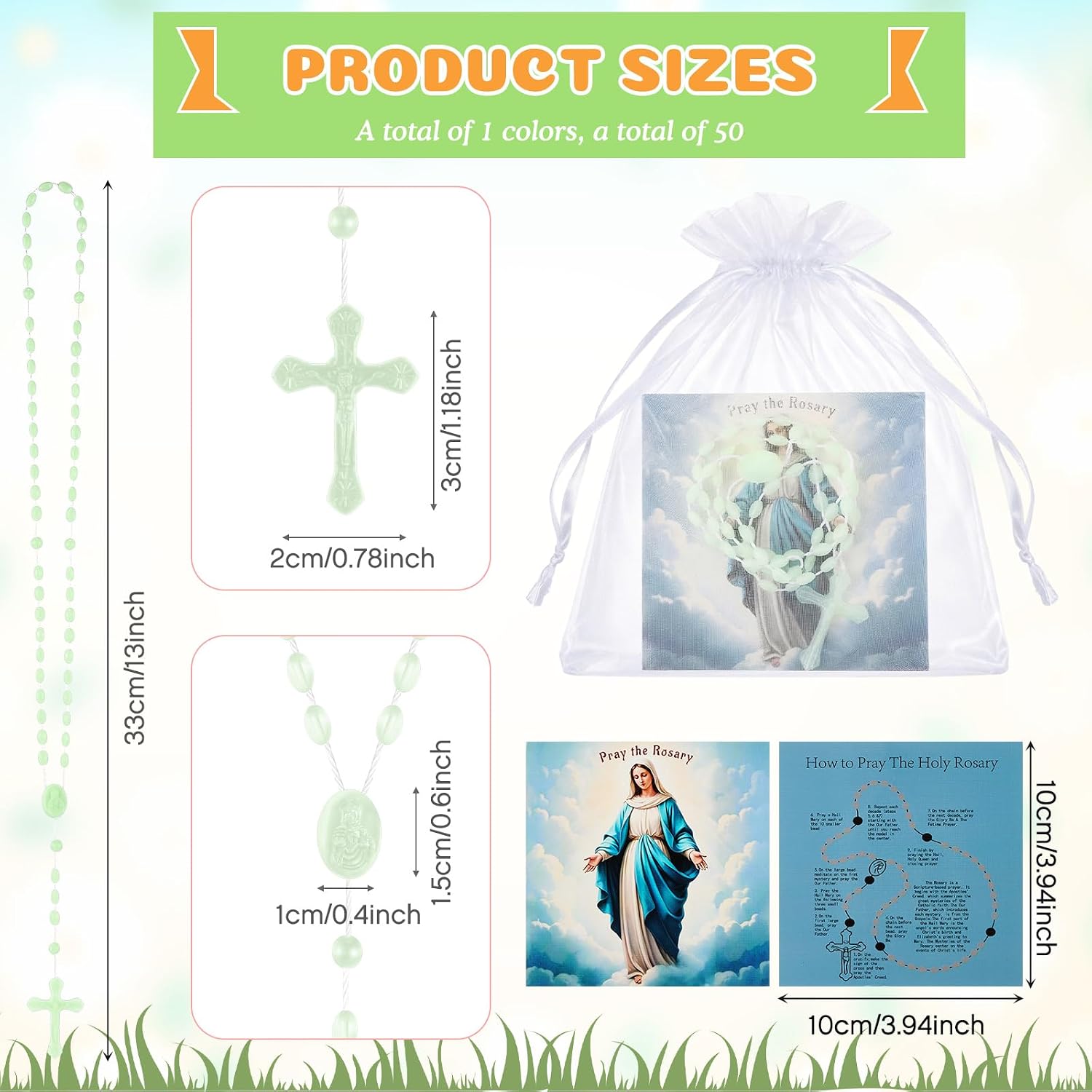 Liliaafar Plastic Rosary Cross Necklace Gifts Set Catholic Prayer Beads Rosaries Card Bag for Church Religious Welcome Gifts