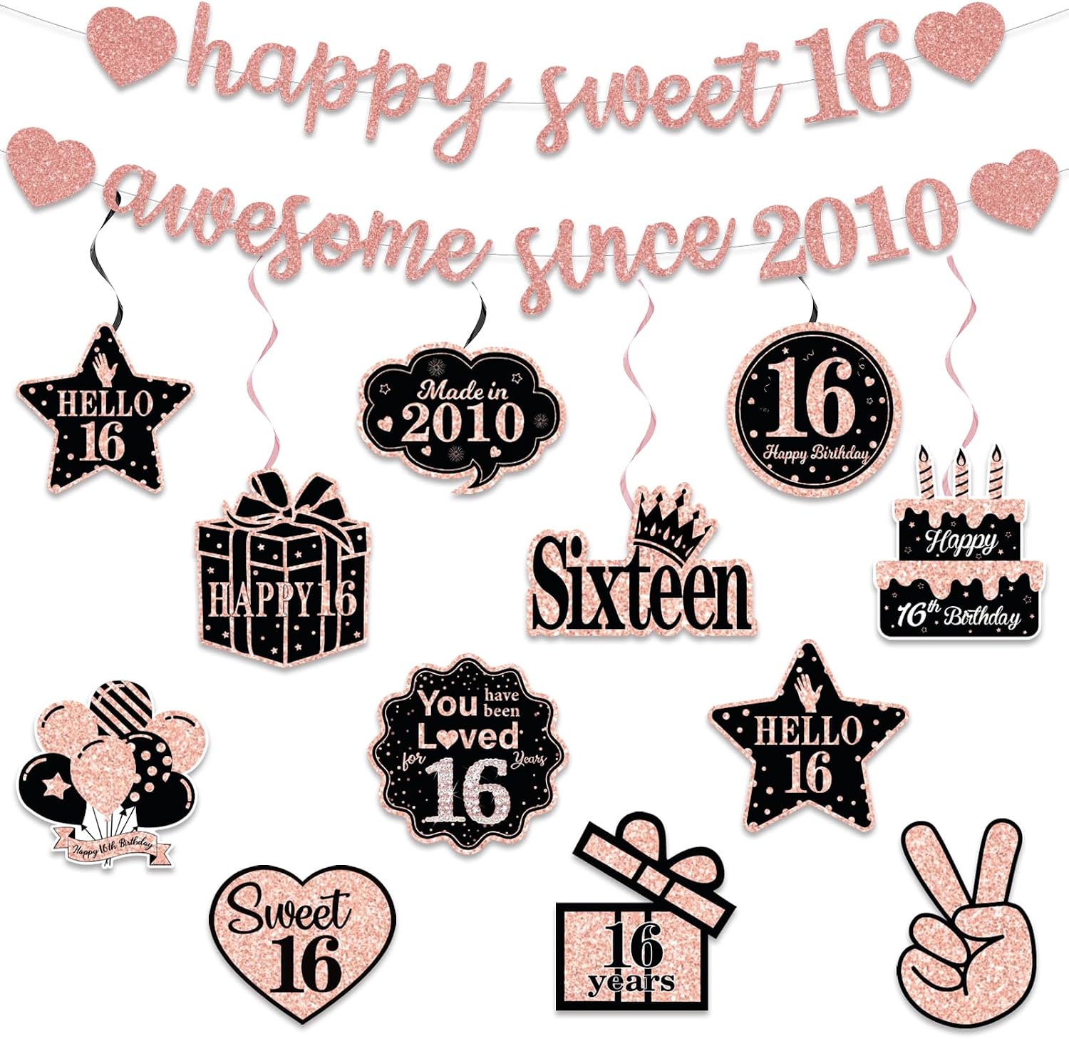 Pre-Strung 12th Birthday Banner Decorations for Girls, Glitter Rose Gold Happy 12th Birthday Hanging Swirls Party Supplies Decor