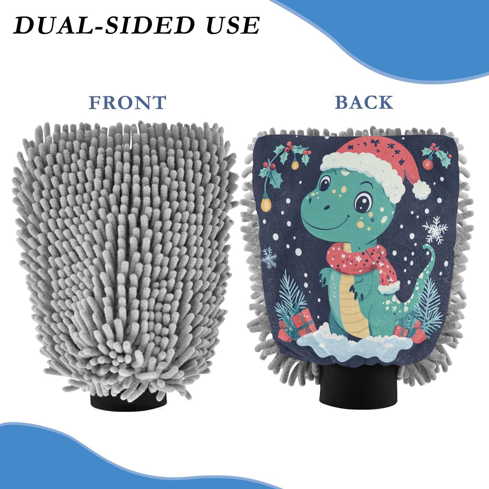 STAYTOP Cute Dinosaur Wearing A Christmas Hat Car Wash Mitt Microfiber, 2Pcs Scratch Free Lint-Free, Premium Chenille Microfiber Mitt Car Wash Brush-M