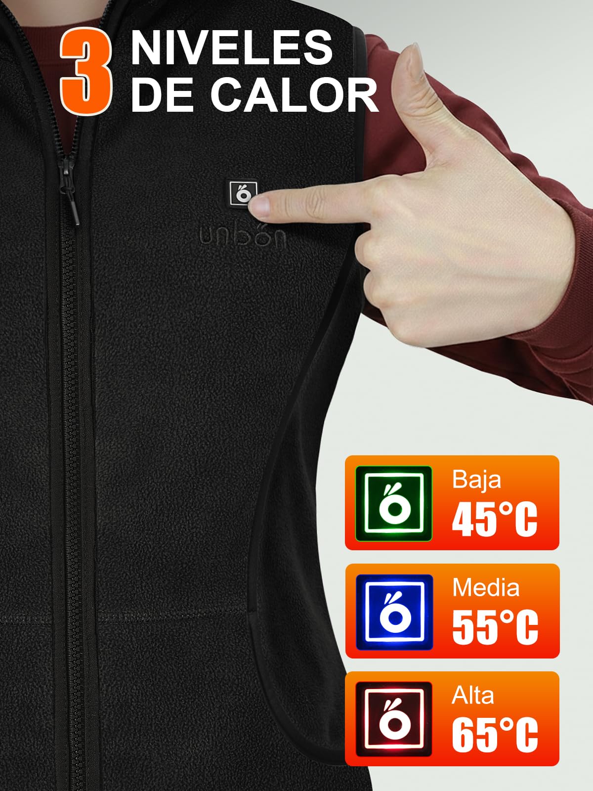 UNBON Chaleco Calefactable Mujer, Chaleco Calefactable Polar con Batería USB 10000mAh, Chaleco Térmico Eléctrico Calefactor con 3 Temperaturas 6 Zonas de Calefacción para Moto Caza Trabajo Negro S