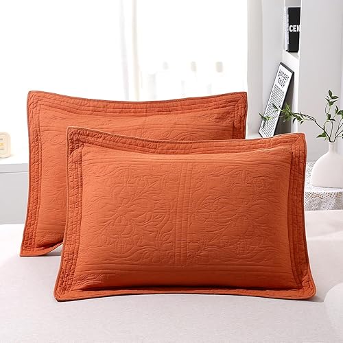 WINLIFE - Funda de almohada acolchada 100 % de algodón con estampado floral (Estándar, Naranja Quemado)