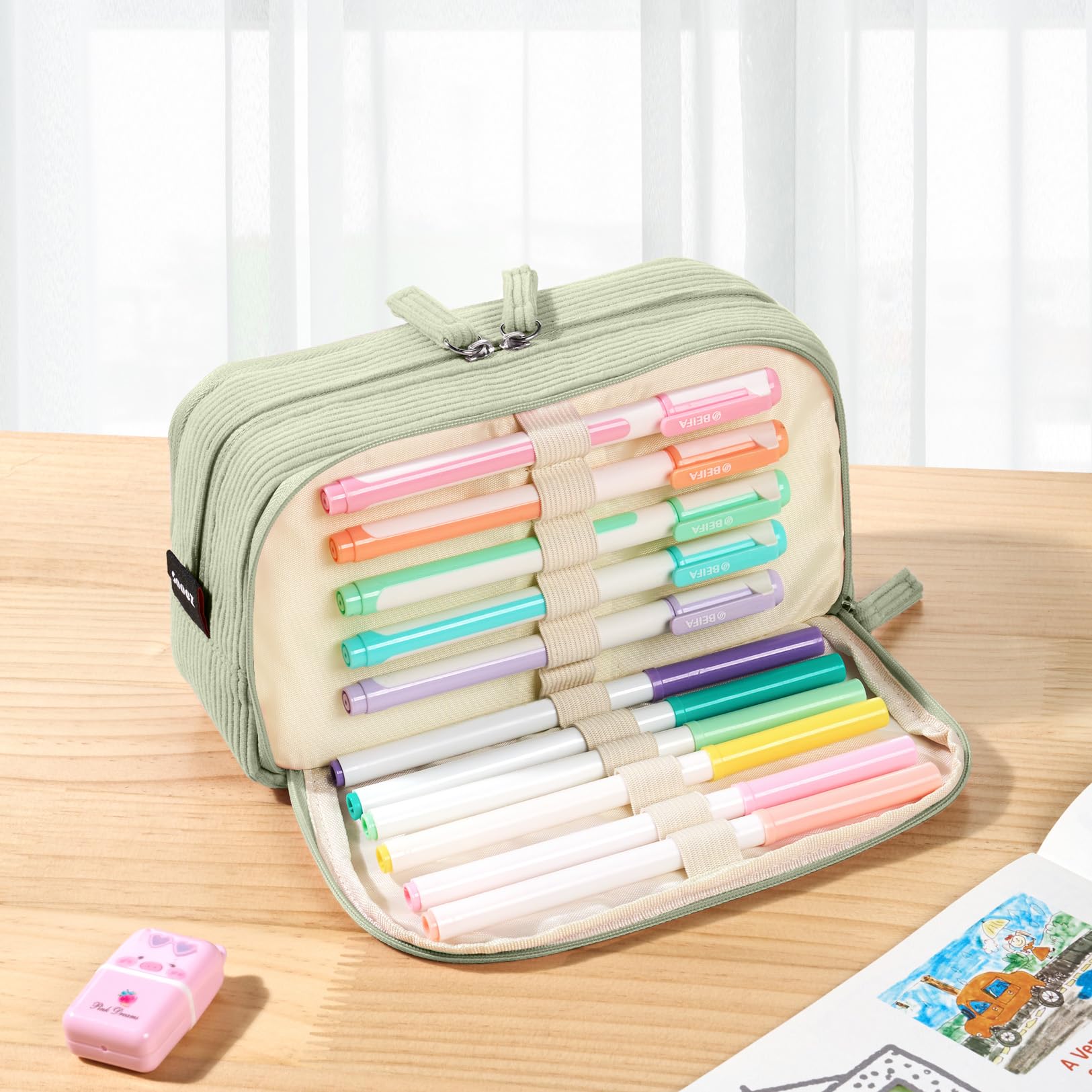 Sooez Estuche grande para lápices, bolsa extra grande con 3 compartimentos, bolsa de pana suave con cremallera, lindo para suministros escolares para adolescentes, color verde