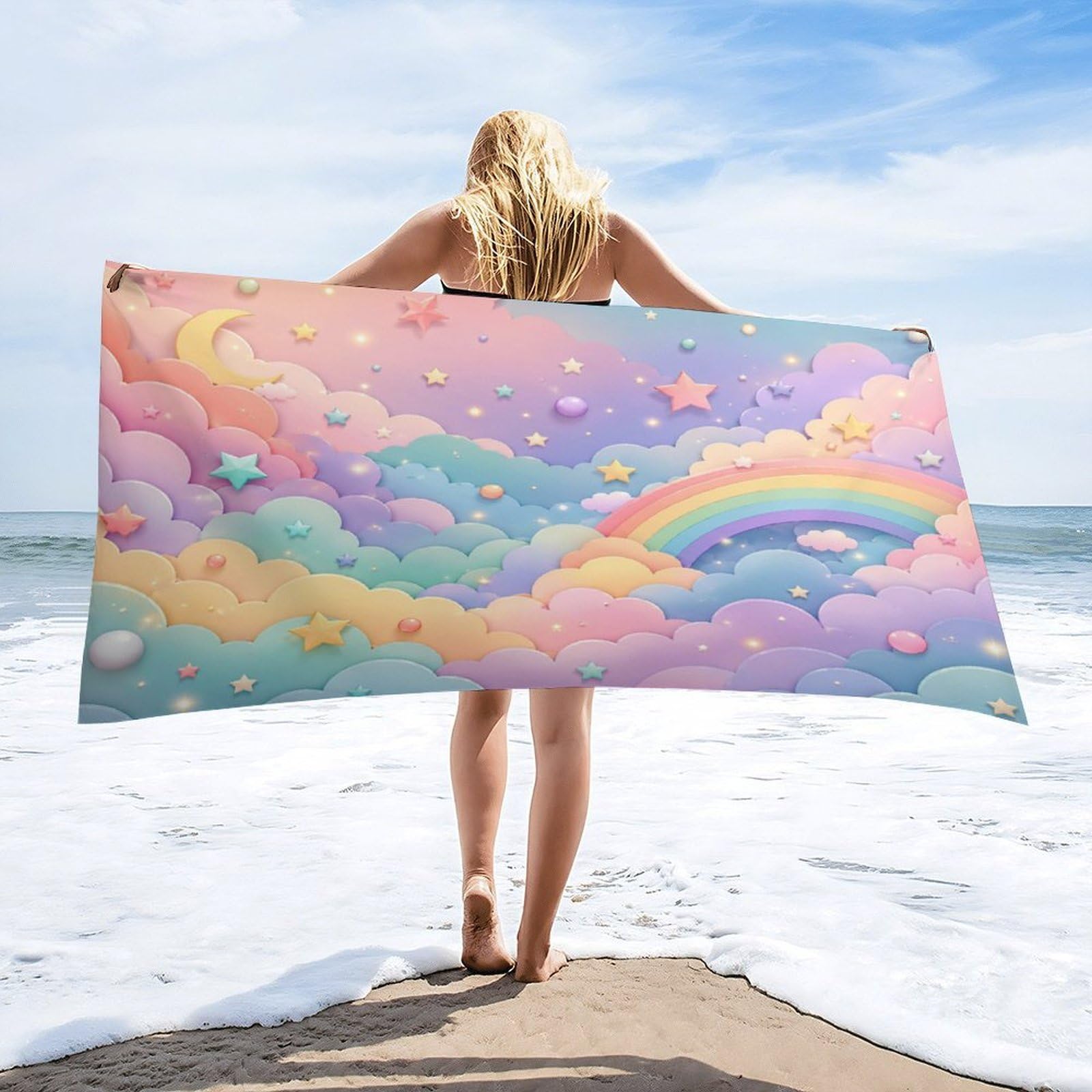 Anceky Pastel Clouds Rainbow Stars Moon Beach Towel 32"×63",Soft Microfiber Bath Towel Shawl, Quick Dry Absorbent Pool Spa Gym Shower Towel