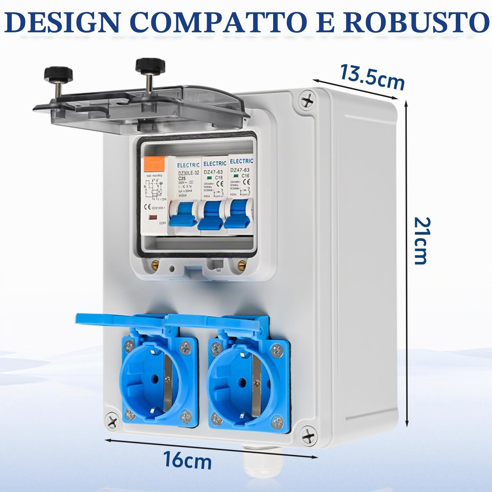 Warmfay Quadro di distribuzione per cantieri Precablato, distributore di corrente, 2x 230V prese Schuko, quadro elettrico a parete con 1x interruttore FI 25A + 2x interruttori LS 16A 1P, IP67