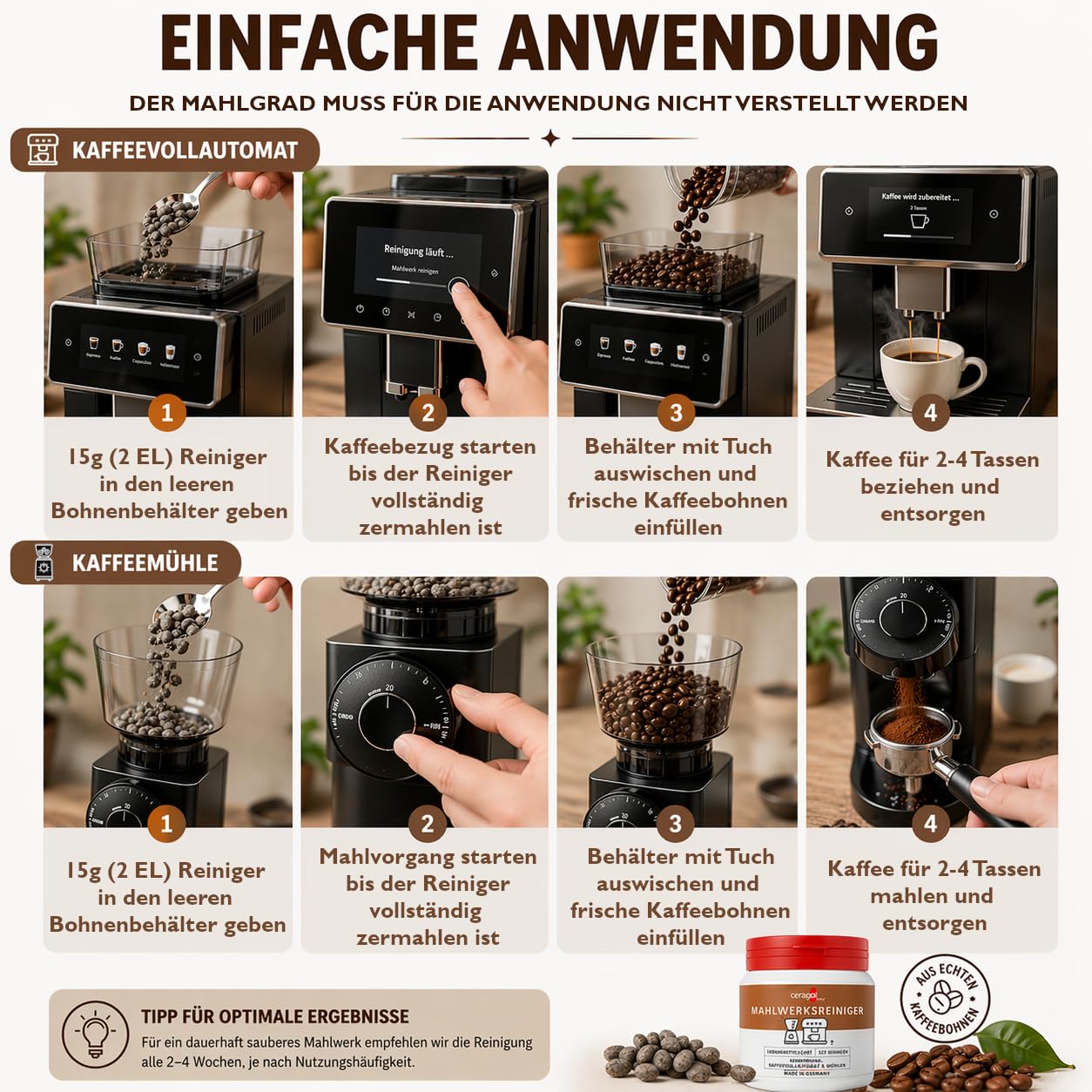ceragol Mahlwerkreiniger Vollautomat und Kaffemühle, 200g - Reinigungsbohnen Mahlwerk - Kaffeemühlenreiniger - Mahlwerk Reiniger für Kaffeevollautomaten und Mühlen - Grinder Cleaner Kaffeemaschine
